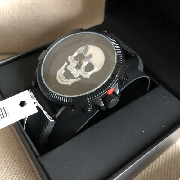 ED HARDY GOTH MATTE BLACK SILVER SKULL MEN'S SILICONE STRAP WATCH**NEW! - Picture 2 of 8